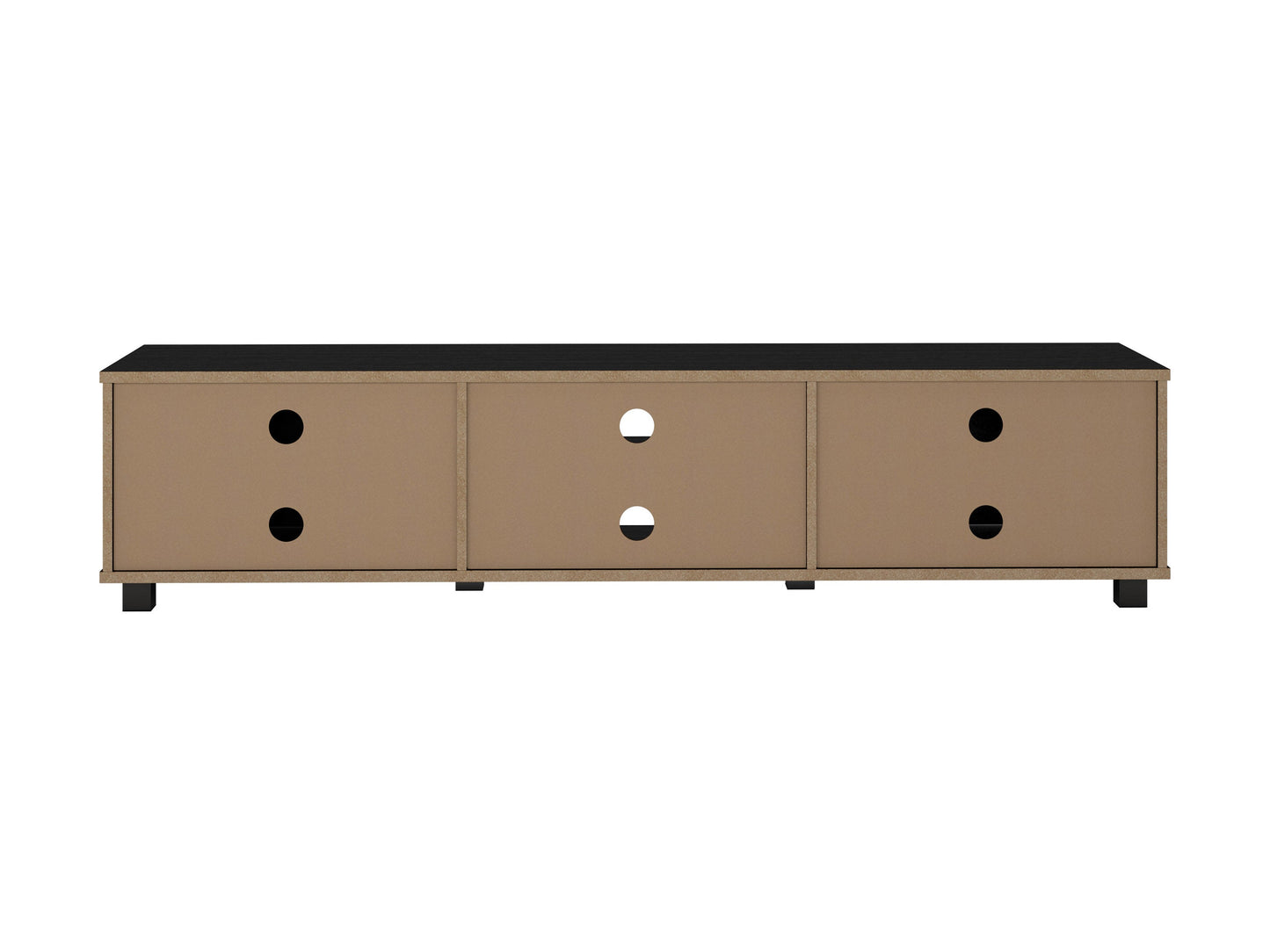 Black modern TV stand for TVs up to 85 inches, featuring sleek design and ample storage compartments.