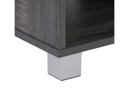 Grey modern TV stand for TVs up to 85", sleek design, wooden legs, storage shelves, minimalist style.