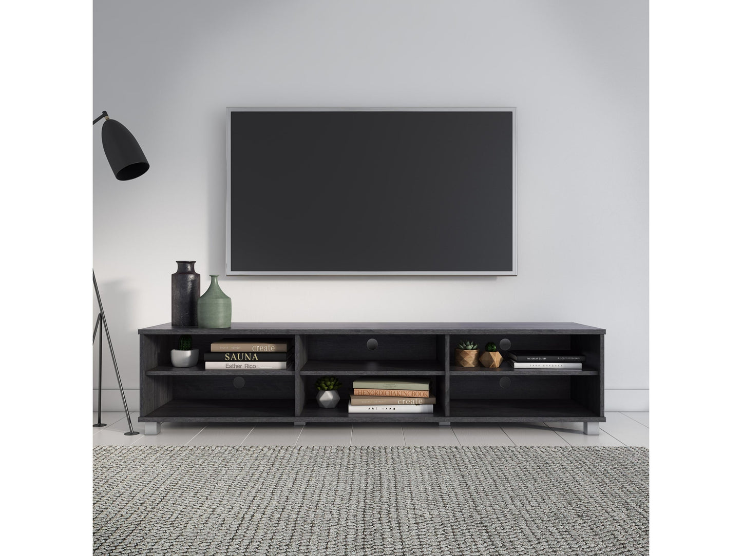 Modern grey TV stand for 85-inch TVs, featuring open shelving, sleek design, and sturdy construction.