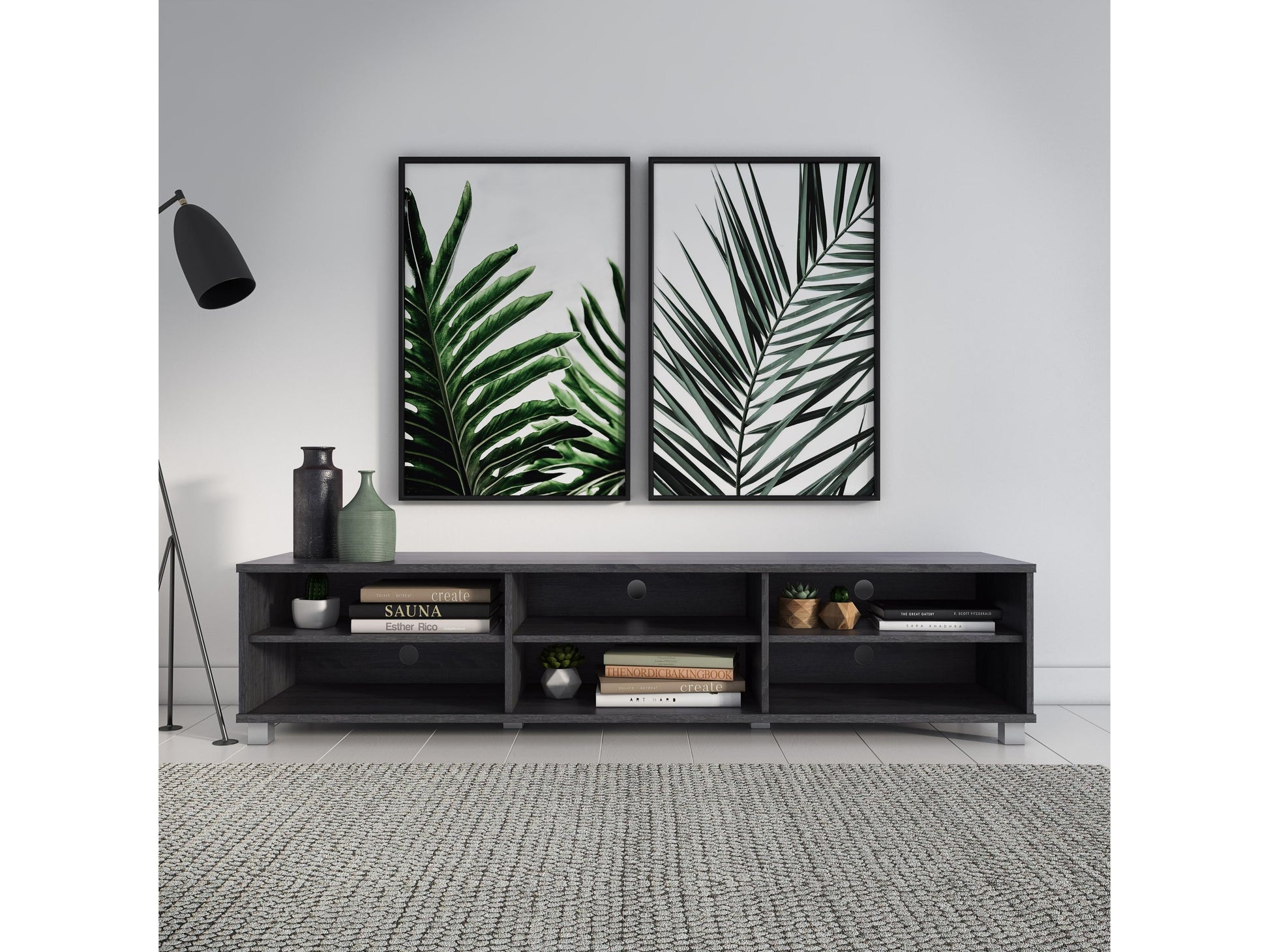 Grey modern TV stand for TVs up to 85 inches, with sleek design and ample storage shelves.