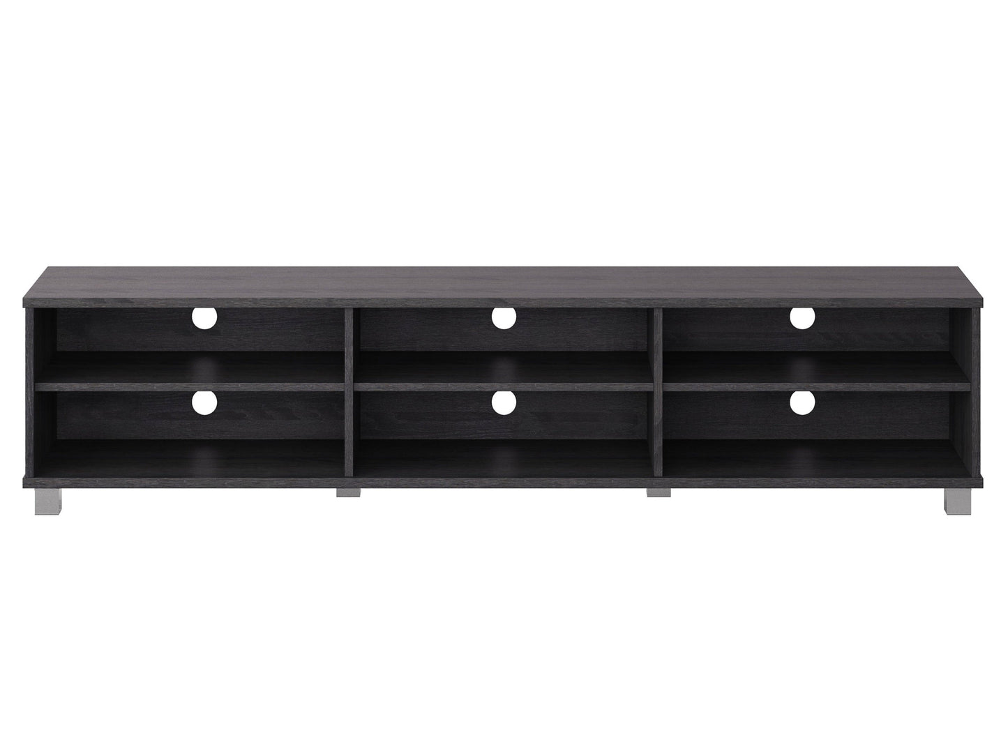 Modern grey TV stand for TVs up to 85" with sleek design and ample storage.