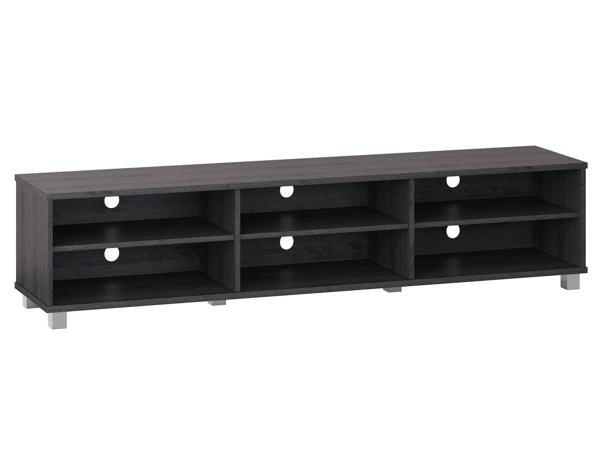 Modern grey TV stand, fits up to 85" TVs, with sleek wooden frame, open shelves, and minimalist design.