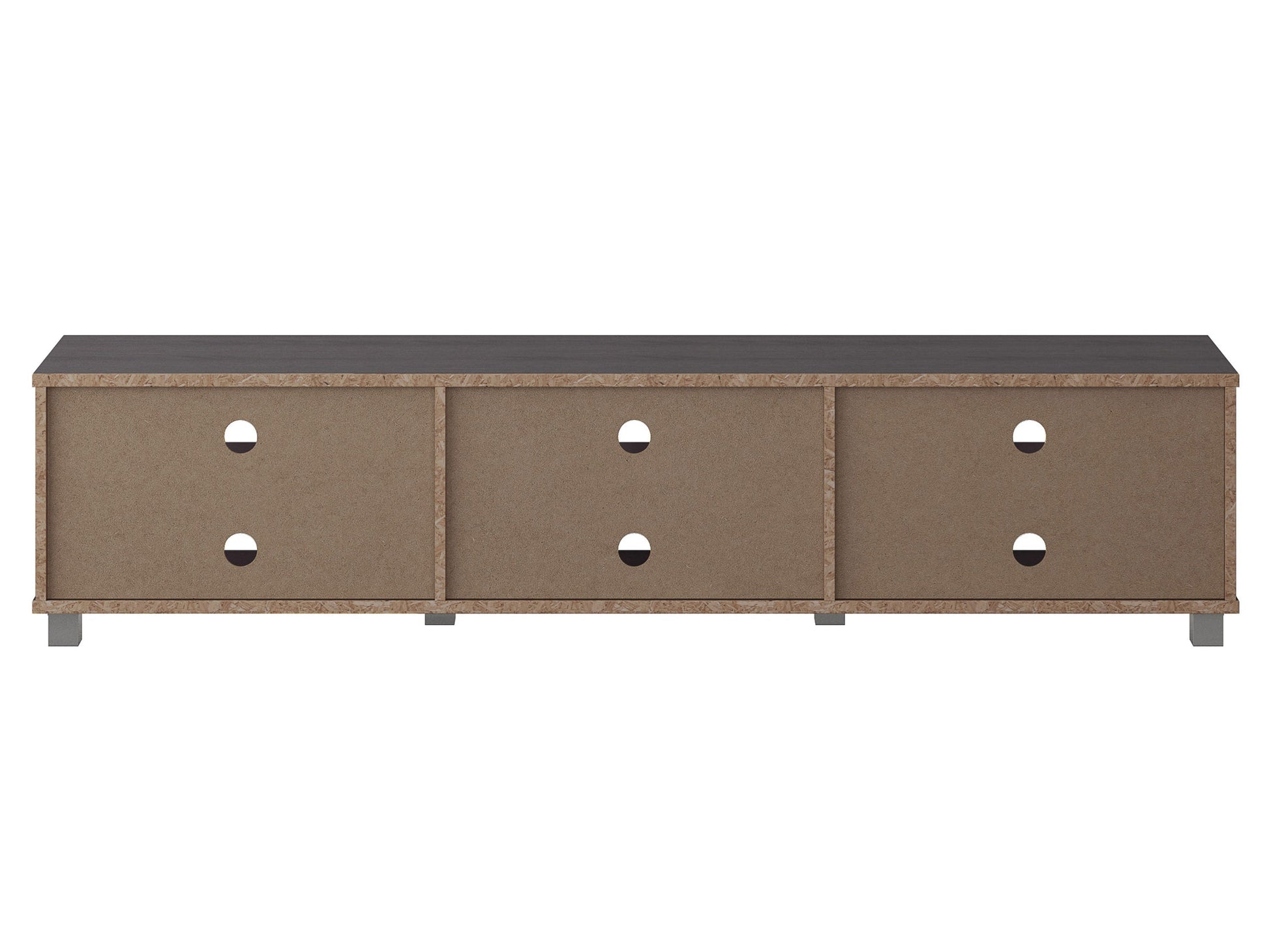 Grey modern TV stand for TVs up to 85 inches, sleek design with storage shelves and sturdy wooden construction.