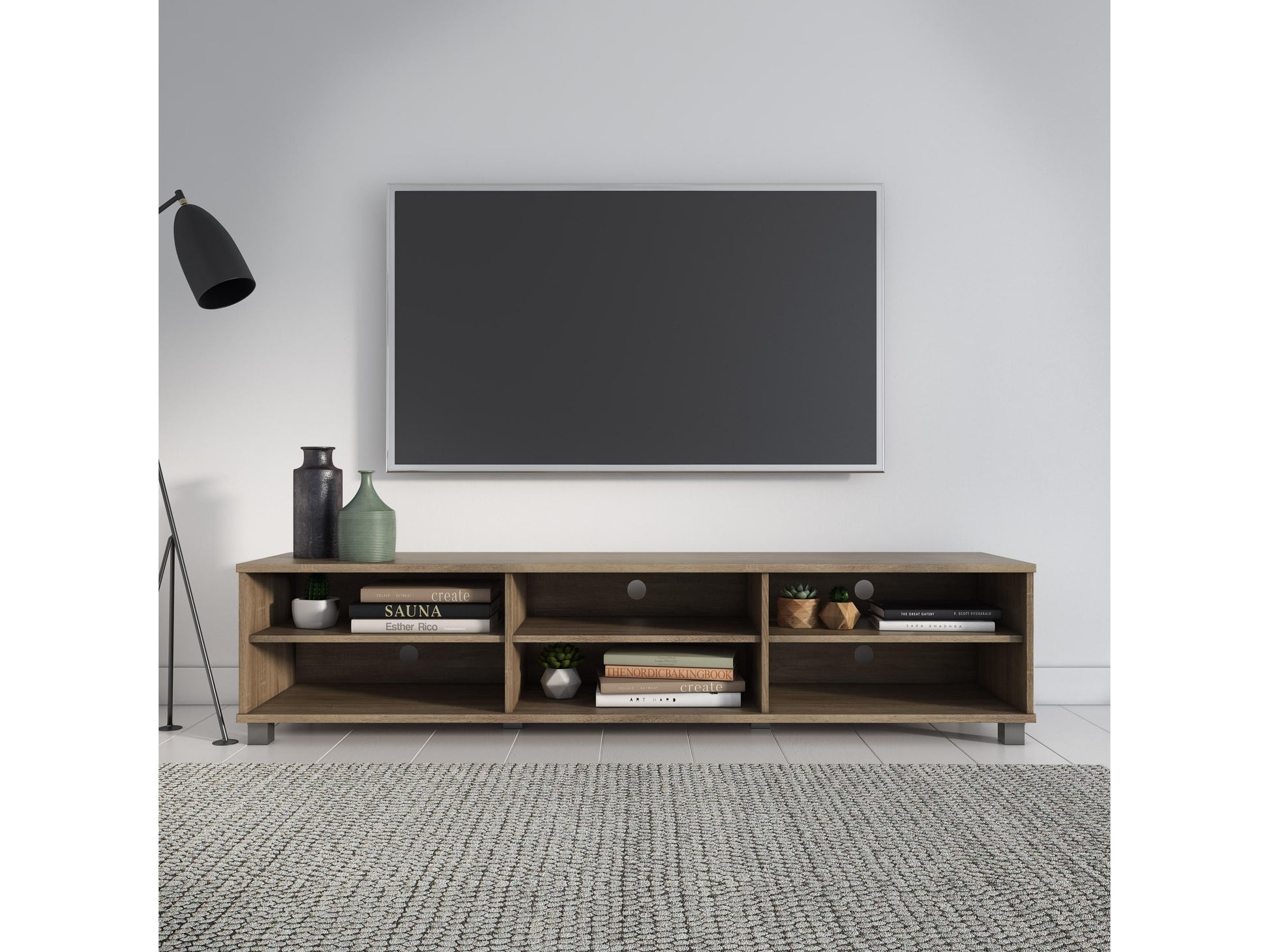 Brown modern TV stand for TVs up to 85", sleek design with open shelves and closed cabinets for storage.