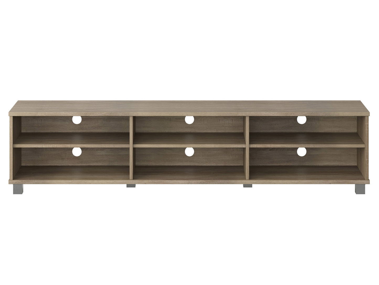 Brown modern TV stand for TVs up to 85", featuring sleek lines, open shelving, and a minimalist design.