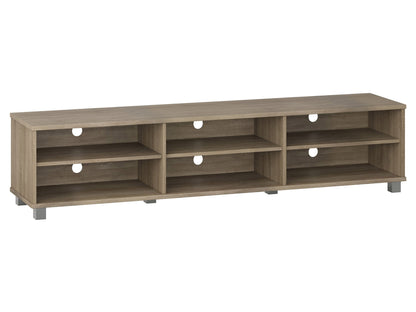 Modern brown TV stand, fits up to 85" TVs, featuring open shelves, sleek design, and sturdy wooden construction.