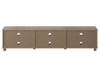 Brown modern TV stand with open shelving, sleek design, and support for TVs up to 85 inches.