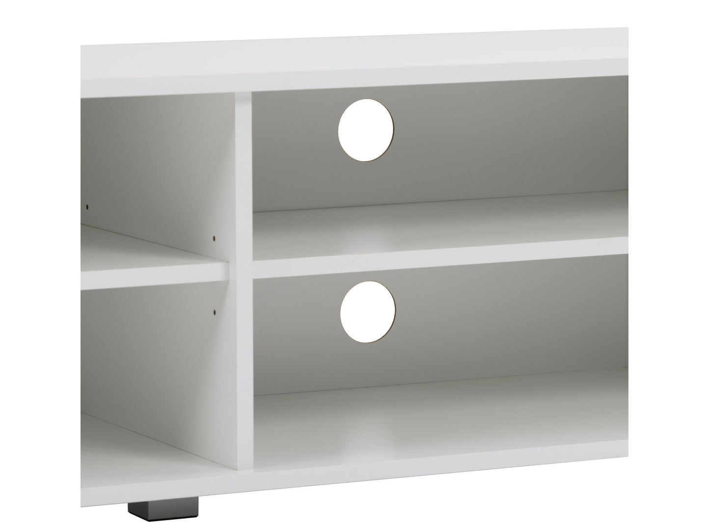 White modern TV stand for TVs up to 85 inches, featuring sleek design, open shelves, and minimalist style.