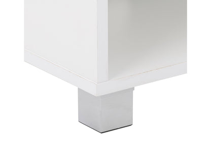 White modern TV stand for TVs up to 85 inches, sleek design with open shelves and cable management.