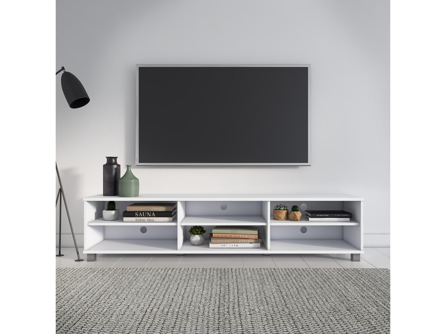 White modern TV stand for TVs up to 85 inches, featuring sleek design and ample storage space with open shelves and cabinets.