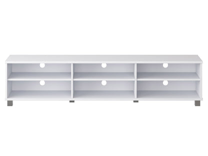 White modern TV stand for TVs up to 85 inches, featuring sleek design and ample storage space.