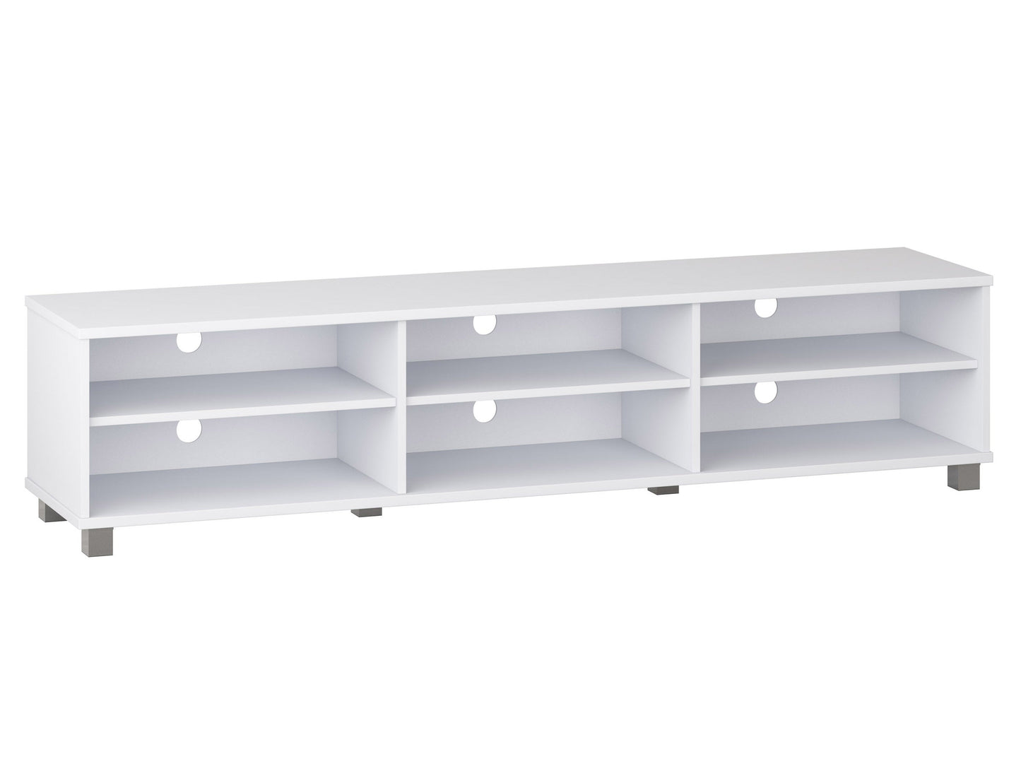 Modern white TV stand for TVs up to 85 inches with sleek design, open shelving, and cable management features.