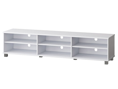 Modern white TV stand for 85 inch TVs, sleek design with open shelves, wood finish, and cable management system