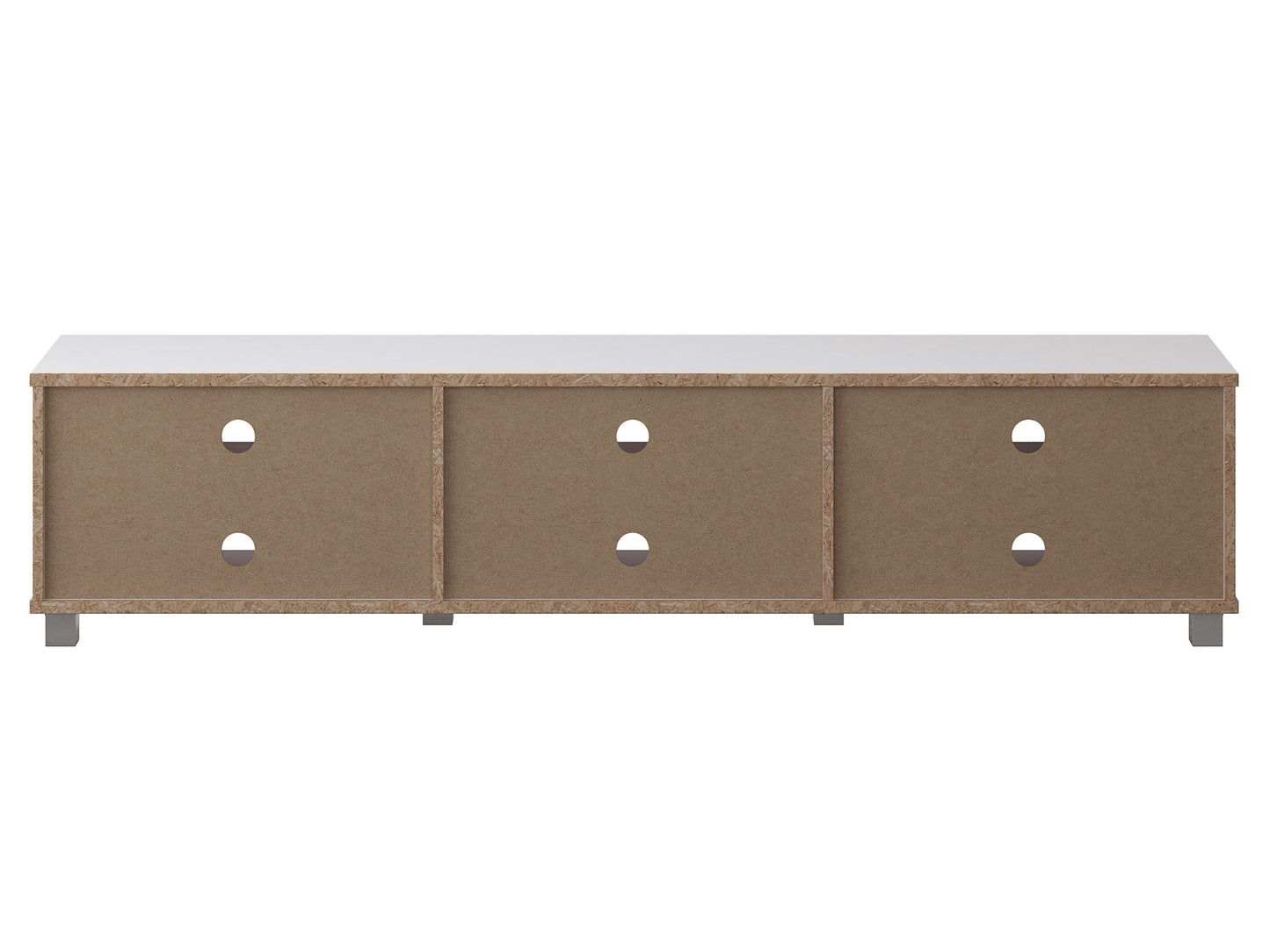 White modern TV stand for TVs up to 85 inches with sleek design, open shelving, and cable management features.