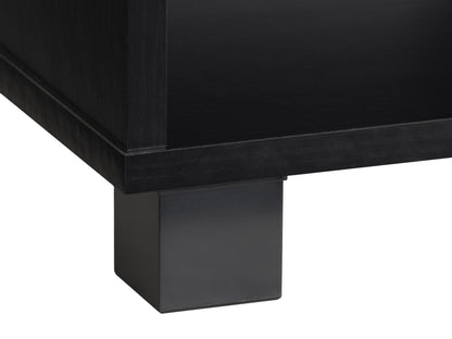 Black modern TV stand for TVs up to 85 inches, featuring sleek design and ample storage shelves.