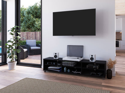 Black modern TV stand for TVs up to 85 inches, sleek design with open shelving and storage compartments.