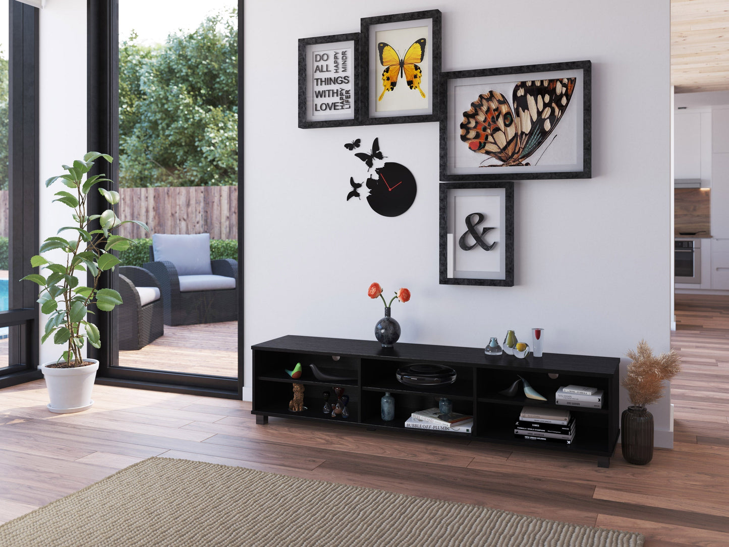 Black modern TV stand for TVs up to 85 inches, sleek design with open shelving and cable management.