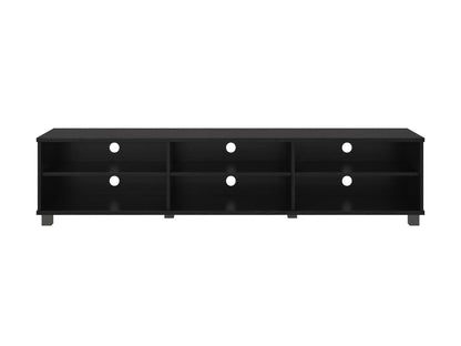 Black modern TV stand for TVs up to 85 inches with sleek design and ample storage shelves.