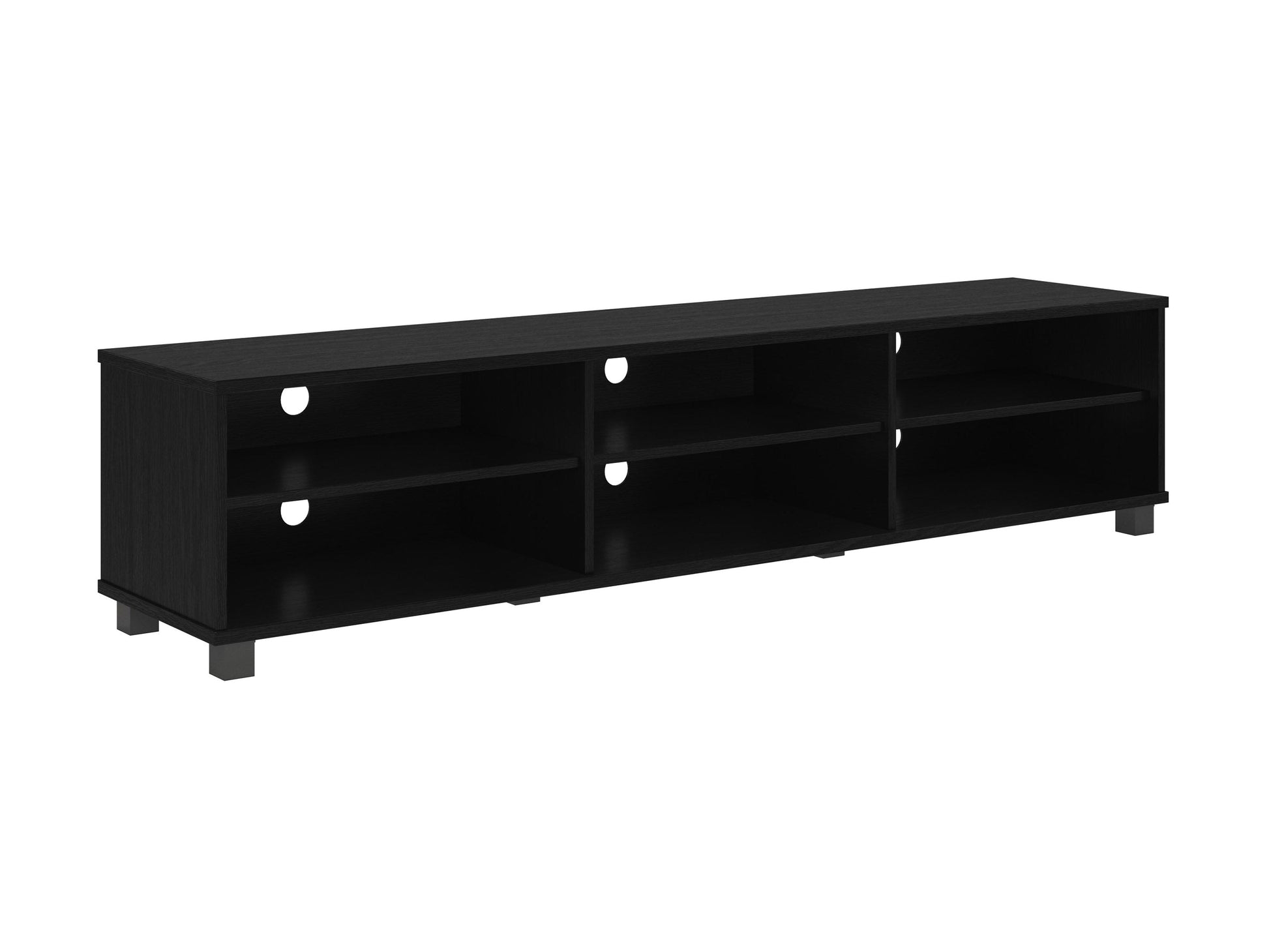 Modern black TV stand for TVs up to 85 inches, featuring sleek lines, matte finish, and open shelving for storage and display, perfect for contemporary living rooms.