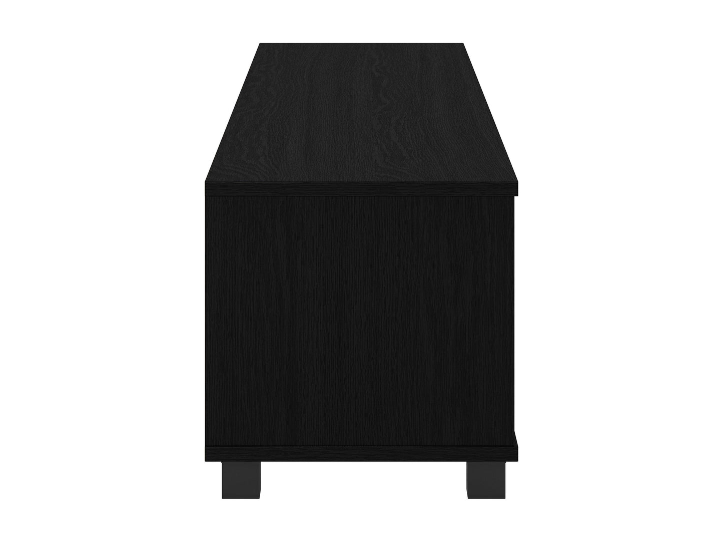 Black modern TV stand for TVs up to 85 inches, featuring sleek design and ample storage compartments.