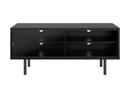 Modular TV stand for 55" TVs, white and wood finish, sleek design with open shelving and cable management.