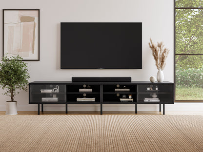 Modular TV stand for TVs up to 110 inches, sleek black finish, ample storage shelves, modern minimalist design.