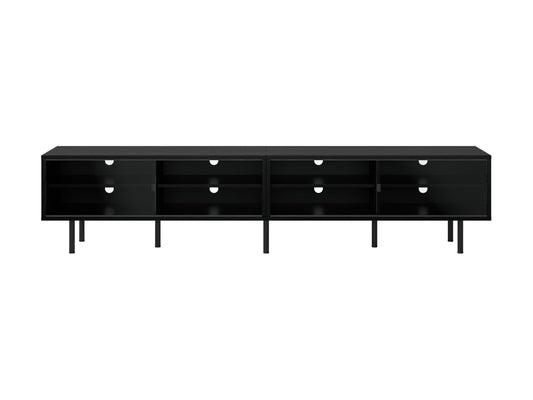 Modular TV stand for 110" TVs, sleek black finish, adjustable shelves, and cable management system.