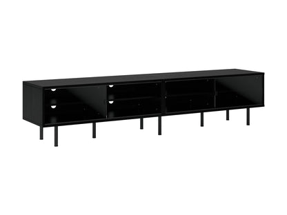 Modular TV stand for TVs up to 110 inches, dark wood finish, open shelving, and sleek modern design