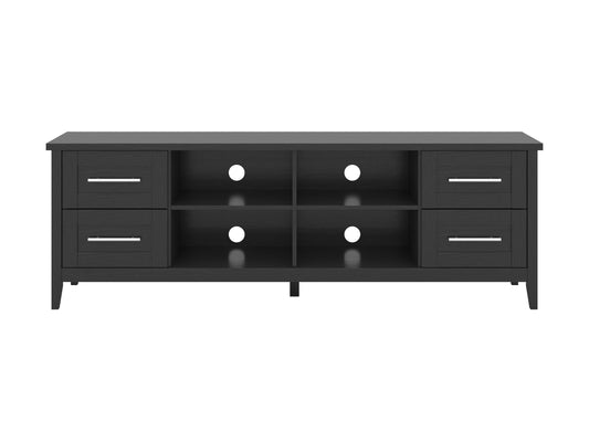 Wide TV stand for TVs up to 85", dark wood finish, sleek metal legs, modern design, spacious storage shelves.