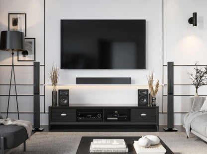 Black TV stand for TVs up to 85 inches, featuring sleek design, storage shelves, and durable wood construction.