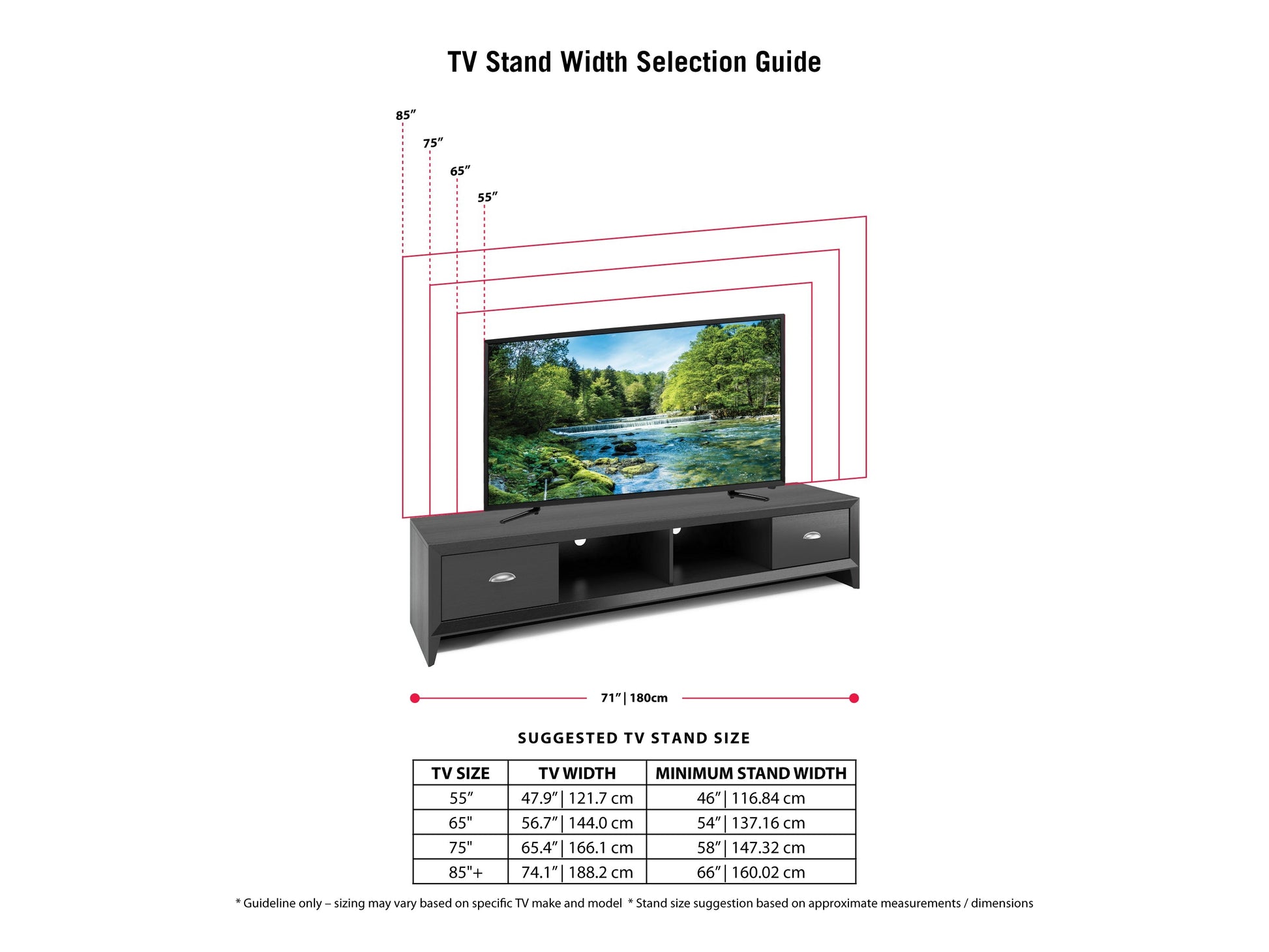 Black TV stand for TVs up to 85 inches, featuring sleek design, open shelving, and cable management.