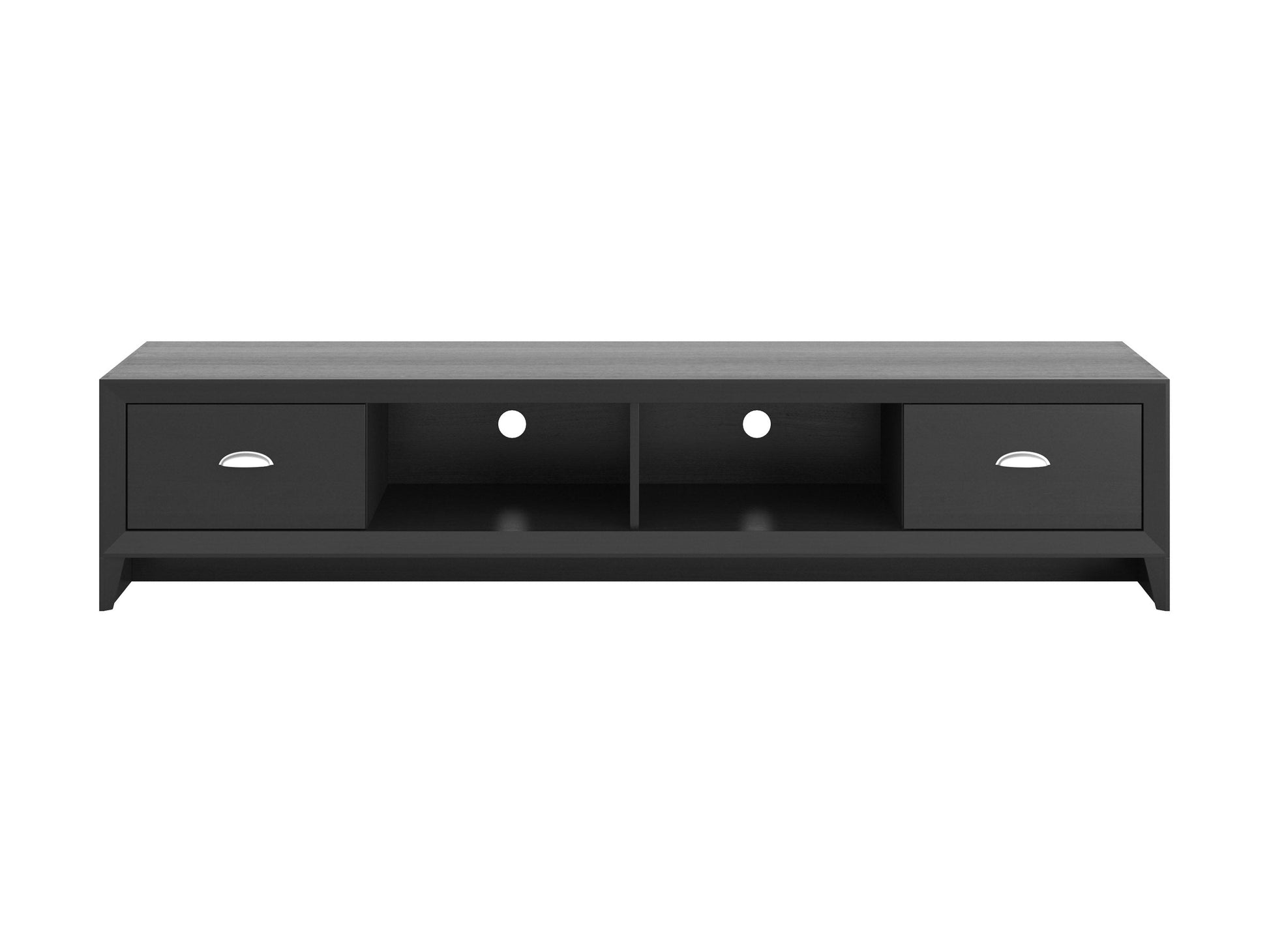 Black TV stand for TVs up to 85 inches, featuring sleek design, open shelving, and durable construction.