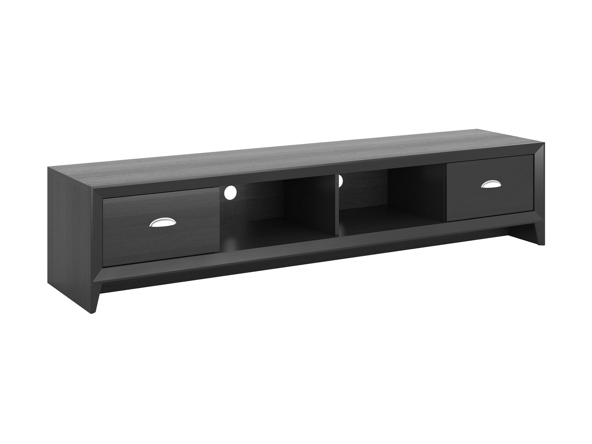 Black TV stand for TVs up to 85 inches, sleek design with storage shelves and cable management.