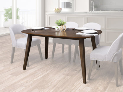 Mid-century modern dining table with a walnut wood finish, sleek tapered legs, and a smooth rectangular surface, perfect for contemporary dining rooms or kitchens.