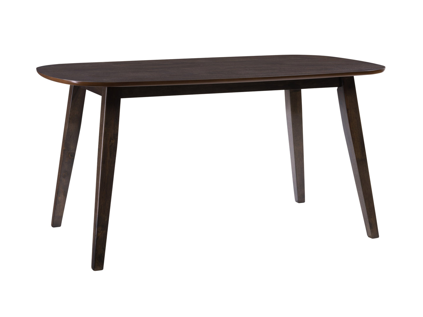 Mid-century modern dining table with walnut finish, sleek tapered legs, rectangular top, and minimalist design. Ideal for contemporary interiors.