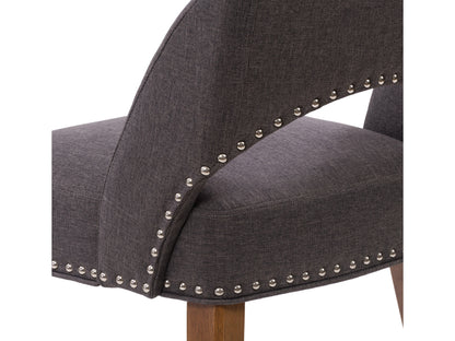 Dark grey mid-century dining chairs, set of 2, with wooden legs and tufted fabric upholstery.