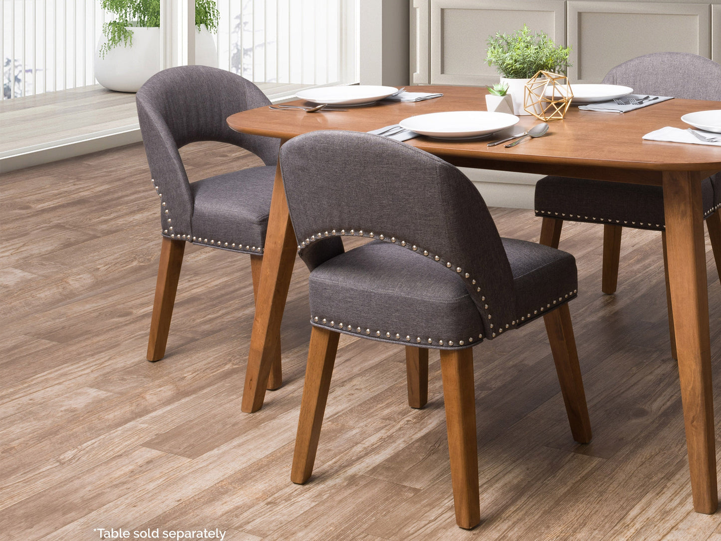 Dark grey mid-century dining chairs set of 2 with wooden legs and upholstered seats, perfect for modern dining rooms.