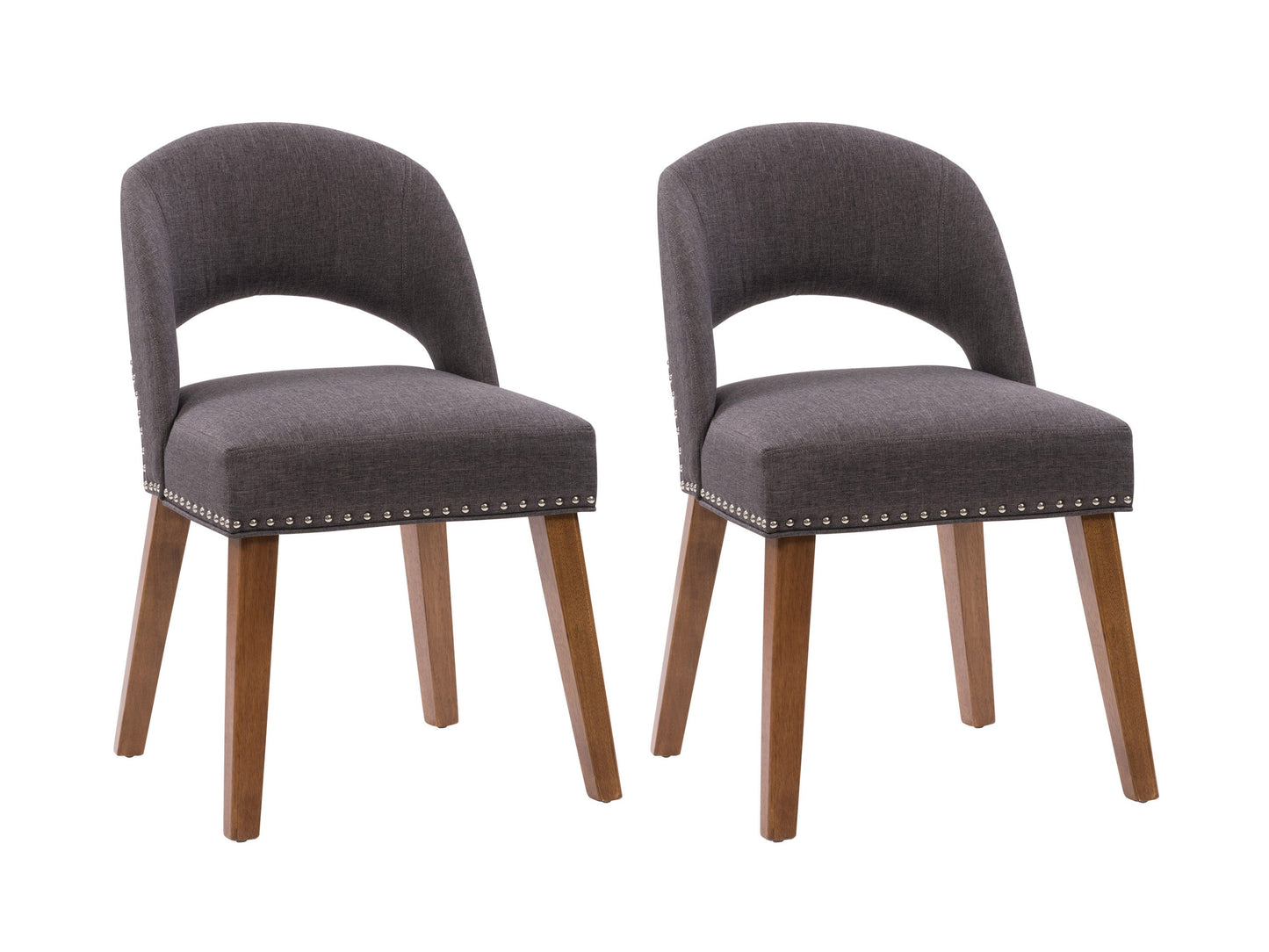 Dark grey mid-century dining chairs, set of 2, with wooden legs and tufted fabric upholstery.