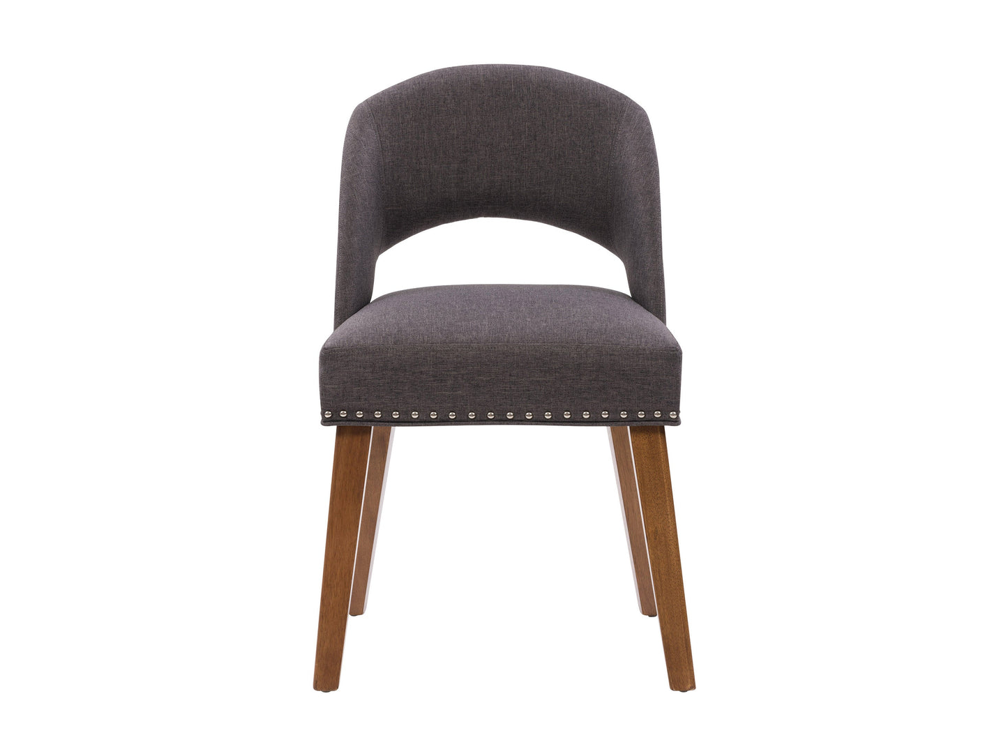 Mid-century dark grey dining chairs, set of 2, with wooden legs and tufted fabric upholstery.