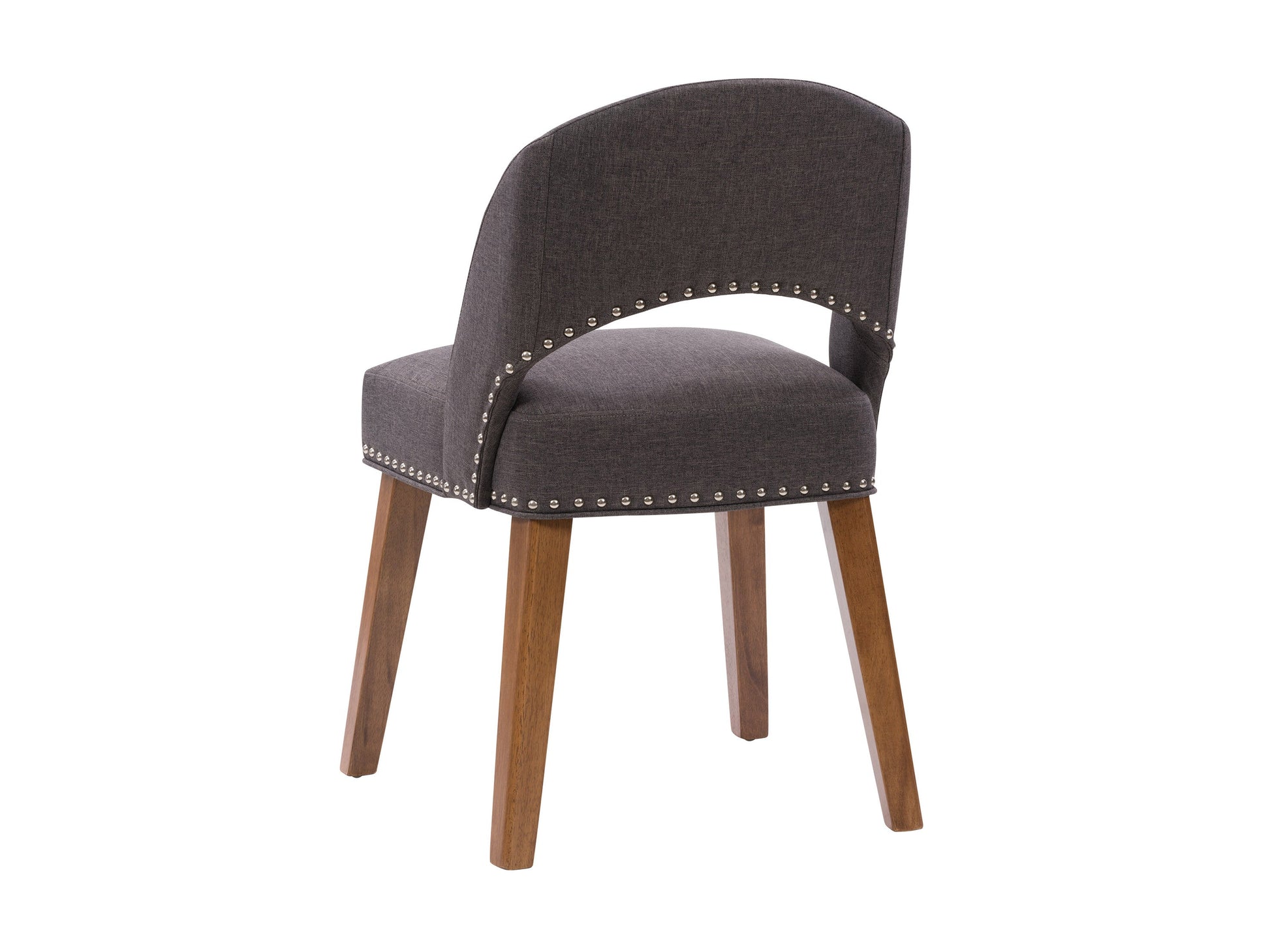 Dark grey mid-century dining chairs, set of 2, with wooden legs and upholstered fabric seats.