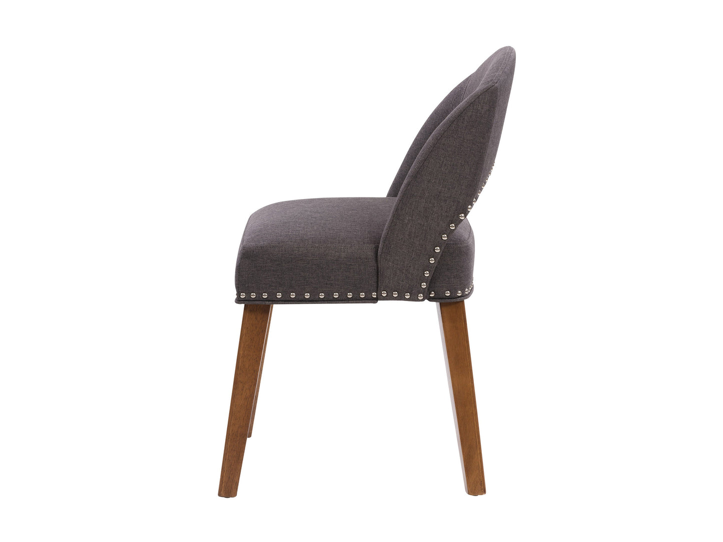 Dark grey mid-century dining chairs set of 2 with wooden legs and upholstered fabric seats.