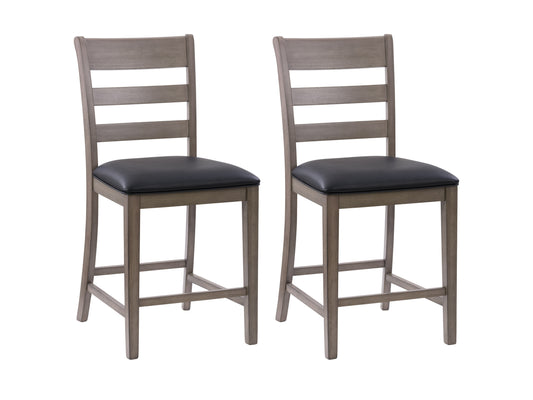 Set of 2 counter height dining chairs with walnut wood legs, beige upholstered seat and backrest, tufted button design, and contemporary style. Ideal for modern dining rooms or kitchen islands.