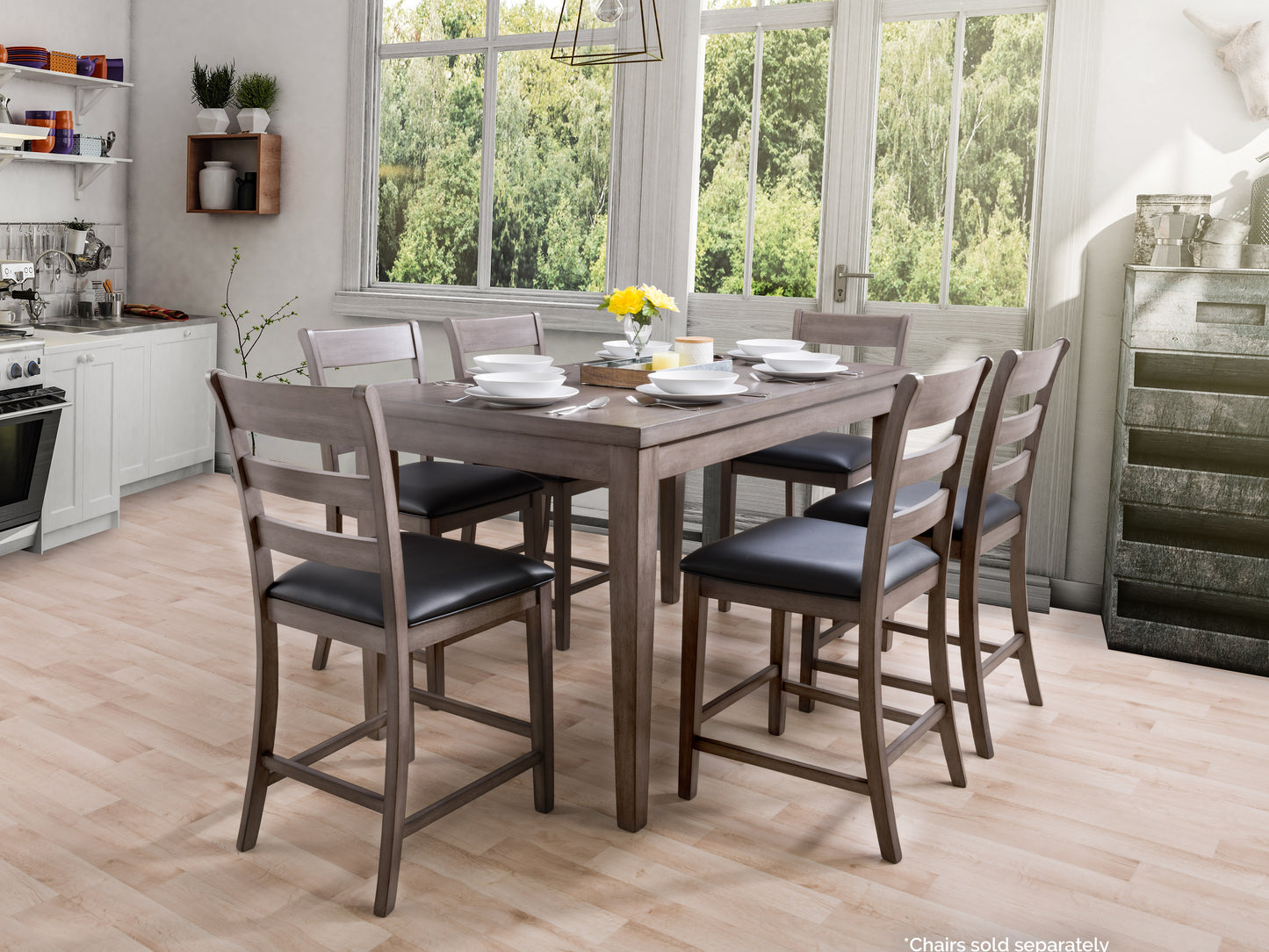 Counter-height grey wood dining table with rustic finish, featuring sturdy wooden legs and smooth tabletop. Perfect for modern or farmhouse-style kitchens or dining rooms.