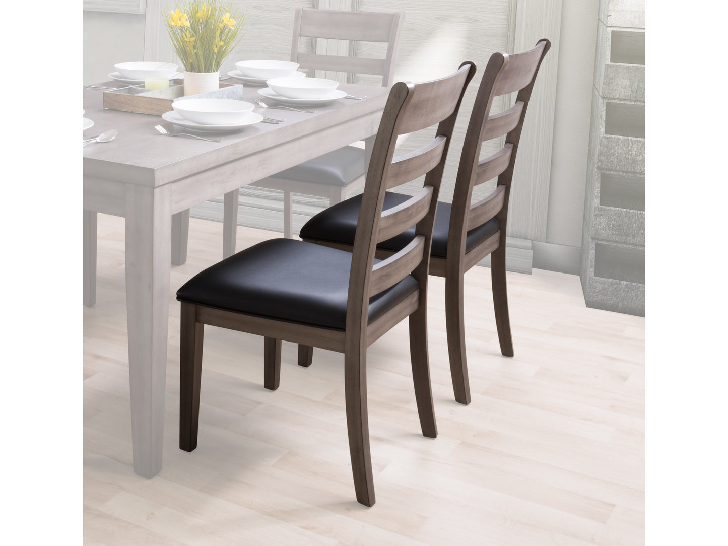 Set of 2 grey wood dining chairs with cushioned seats, featuring sleek lines and modern design, perfect for contemporary dining rooms. Durable wooden frame with a smooth finish and comfortable padded upholstery.