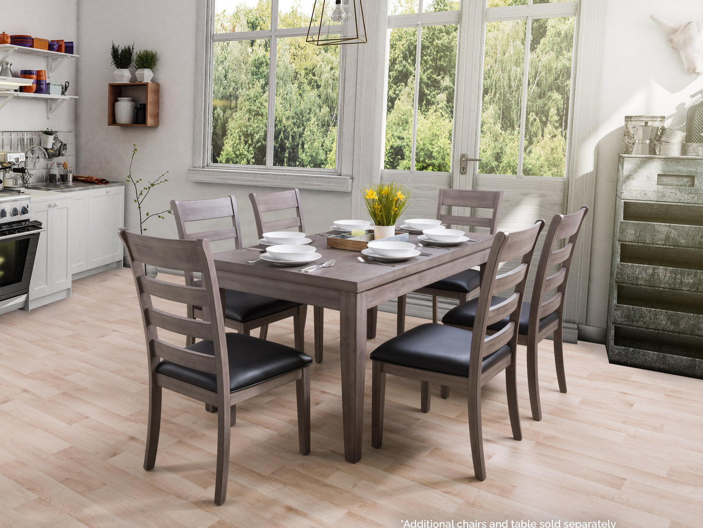 Set of 2 grey wood dining chairs featuring a sleek, modern design with cushioned seats, high backs, and sturdy wooden legs, perfect for contemporary dining rooms or kitchens.