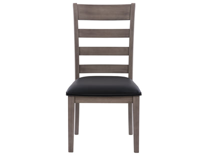 Set of 2 grey wood dining chairs with cushioned seats, featuring a sleek, modern design and sturdy wooden legs. Ideal for contemporary dining rooms, these chairs offer comfort and style with a neutral grey finish.