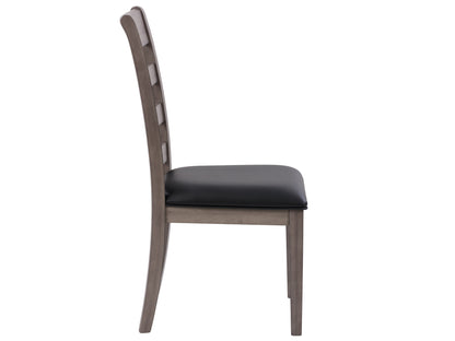 Set of 2 grey wood dining chairs with cushioned seats, featuring a sleek modern design, sturdy wooden legs, and a smooth, textured finish. Ideal for contemporary dining rooms or kitchens.