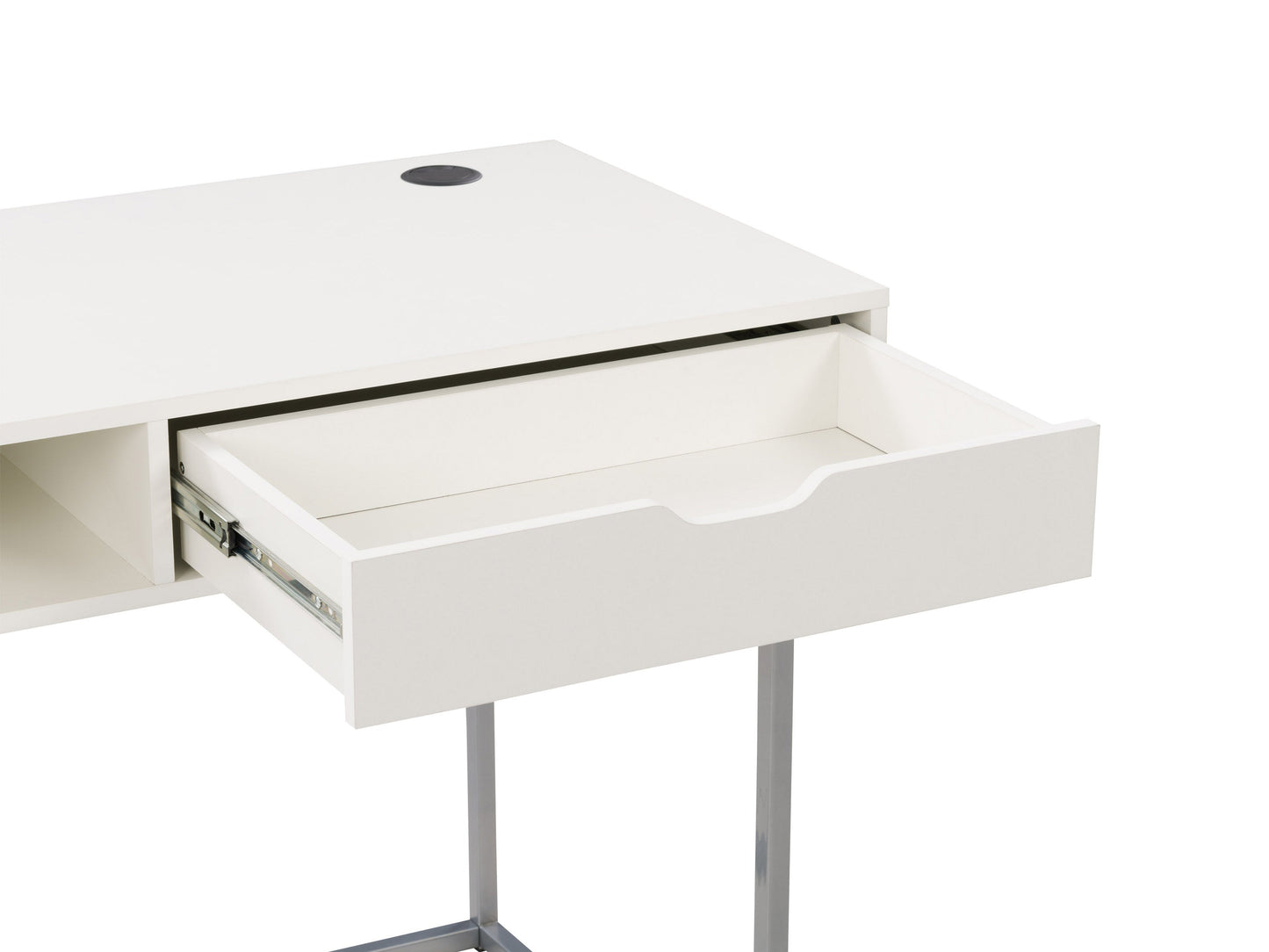 White modern computer desk with sleek metal legs, minimalist design, and spacious work surface.