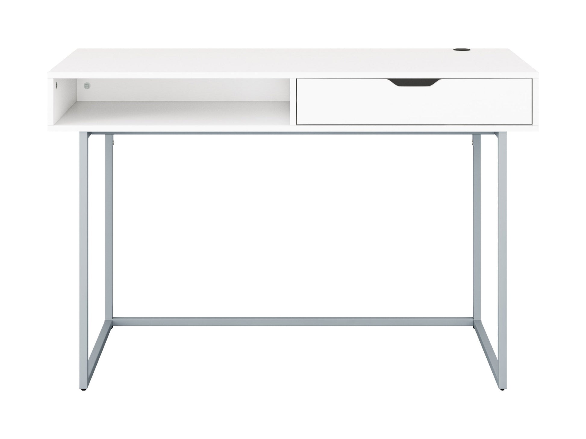 White modern computer desk with sleek metal frame, minimalist design, and spacious tabletop for home office.