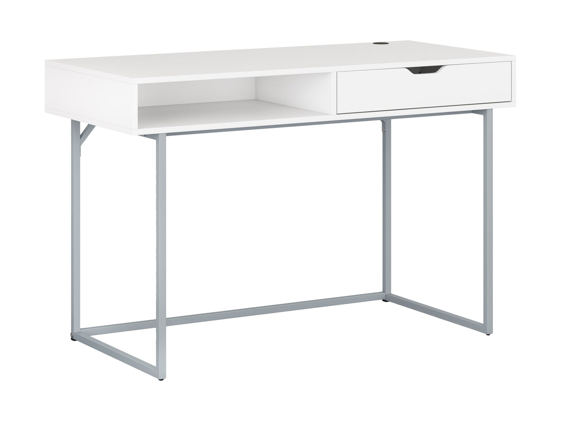 Modern white computer desk with sleek metal legs and minimalist design